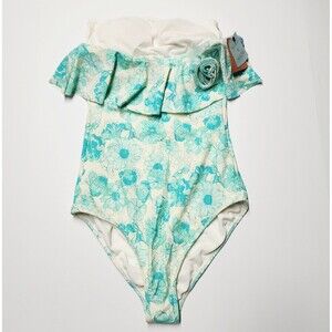 NWT Shade And Shore Floral Print Ruffle Bandeau Cheeky One Piece Swimsuit NEW